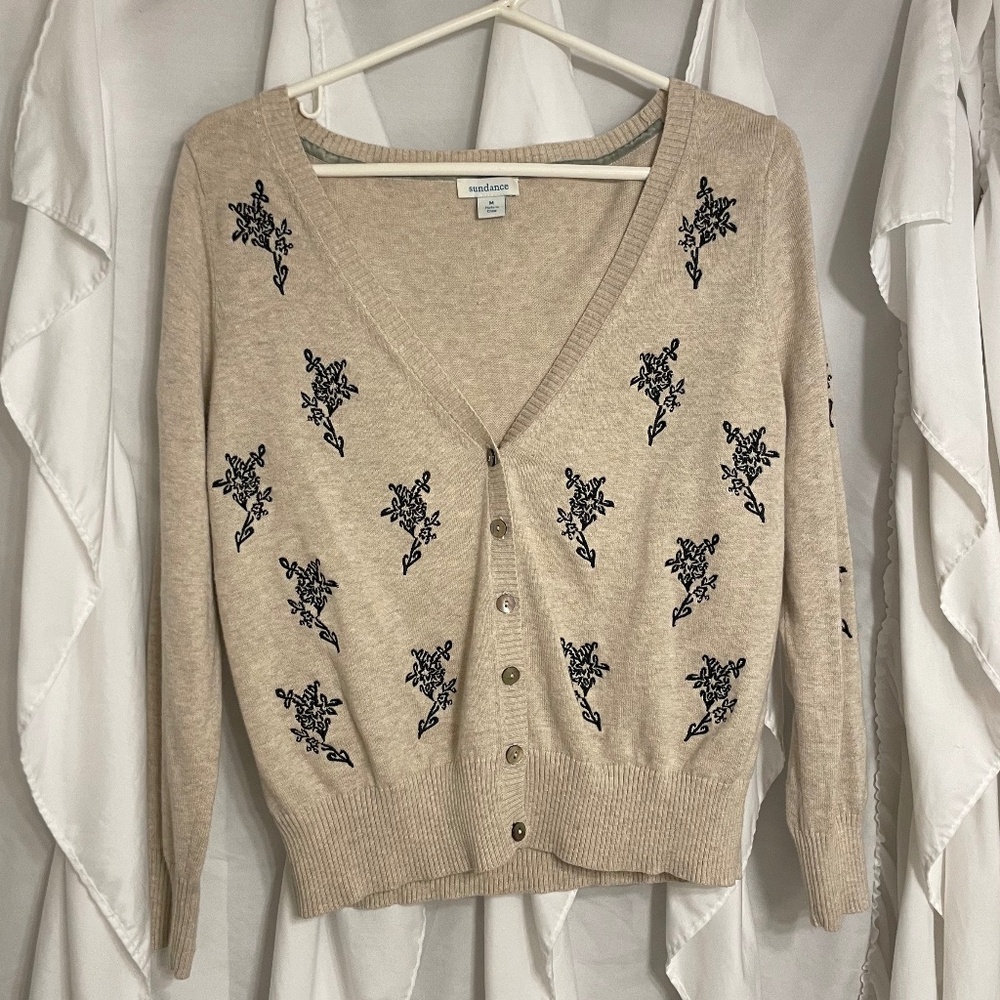 Sundance Cream Beige Cardigan V Neck Long Sleeve Sz M Black Floral